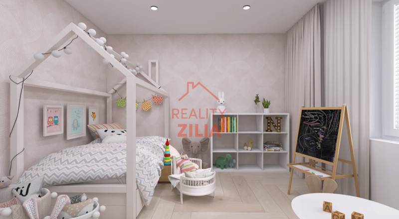 Children's room in a family house with a tent bed, blackboard, and storage shelves.