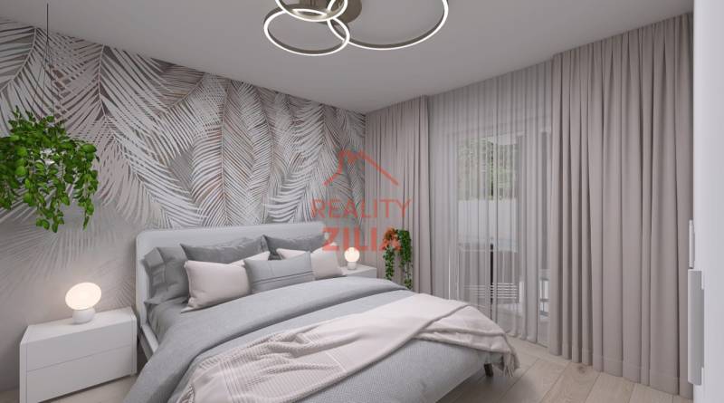 Bedroom with wood-patterned flooring, a plant, and curtains in a family house.