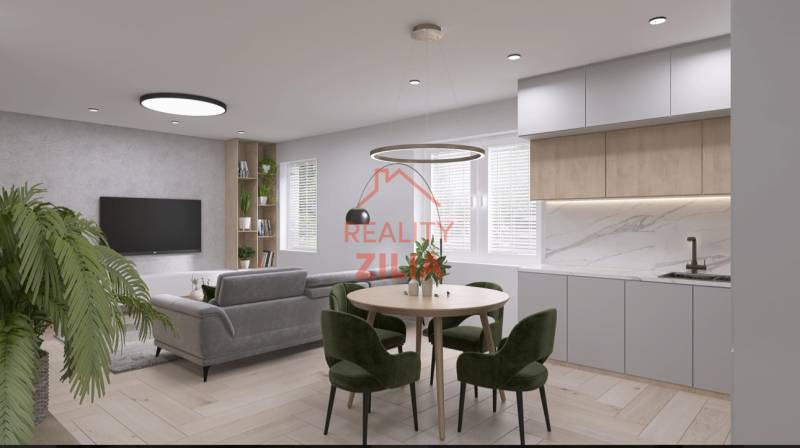 Living room in a family house with a kitchen, armchairs, and a wooden decor floor.