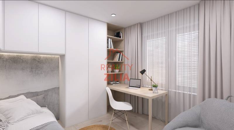 A workspace in a family house with a desk, chair, and books on shelves.