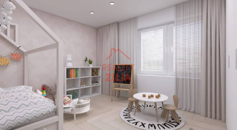Children's room in a family house with decorative walls and children's furniture.