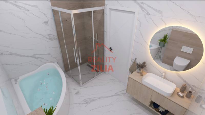 A bathroom in a family house with a bathtub, a shower, and a sink on a white countertop.