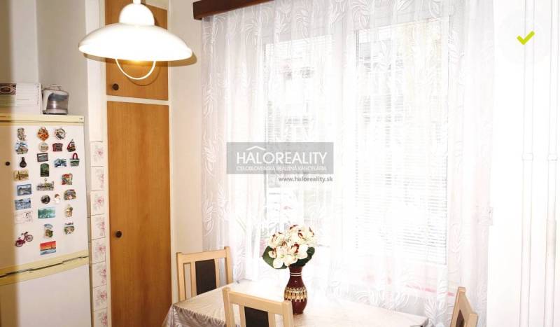 A kitchen in a 3-room apartment with a refrigerator and a table with flowers in a vase.