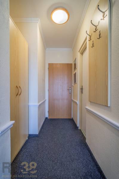 A narrow interior corridor with carpeted flooring and coat racks in hotels and guesthouses.