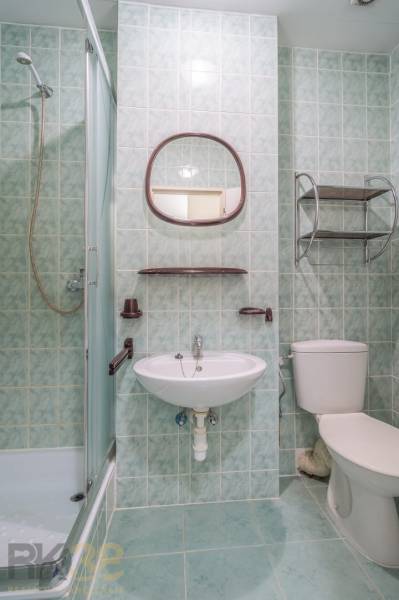 Bathroom with a sink, shower, and toilet in hotels and guesthouses.
