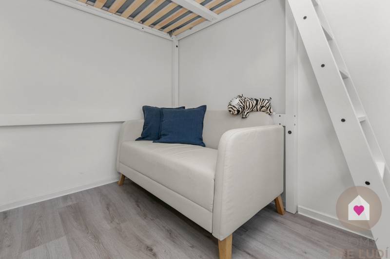 Bright studio apartment with a sofa, blue cushions, wooden decor, and a zebra.