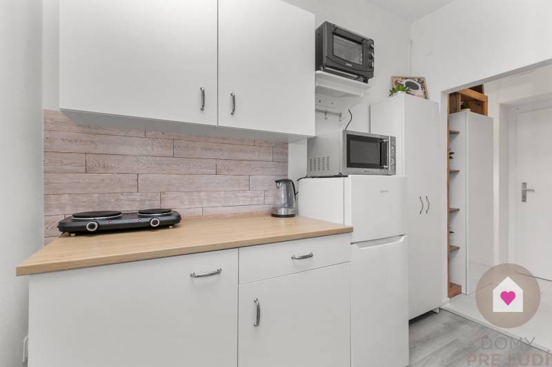 The kitchen unit in the studio apartment includes a microwave, a cooktop, and a refrigerator with a wooden decor.