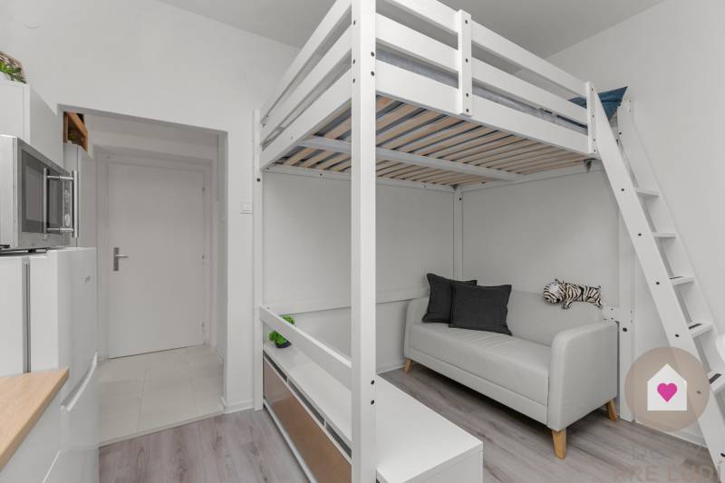 Studio apartment with a loft bed, sofa, and wood-patterned flooring.