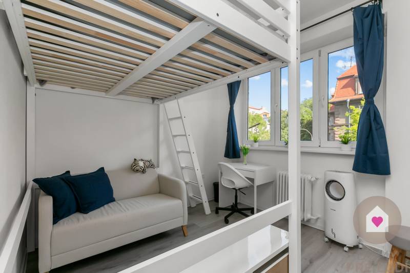 Studio apartment with a loft bed, workspace, and sofa, wooden decor flooring.