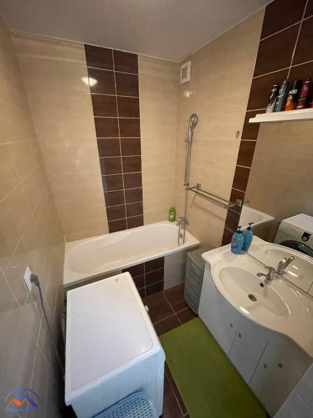 A bathroom in a studio apartment with a bathtub, washing machine, and sink, complemented by a shelf.
