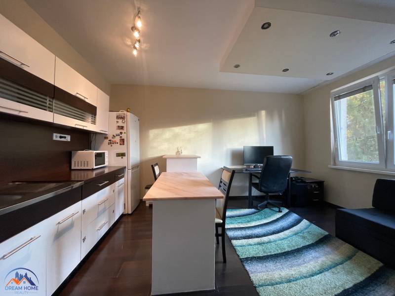 Spacious 1-room apartment with a kitchen and a workspace, floor with wood decor.