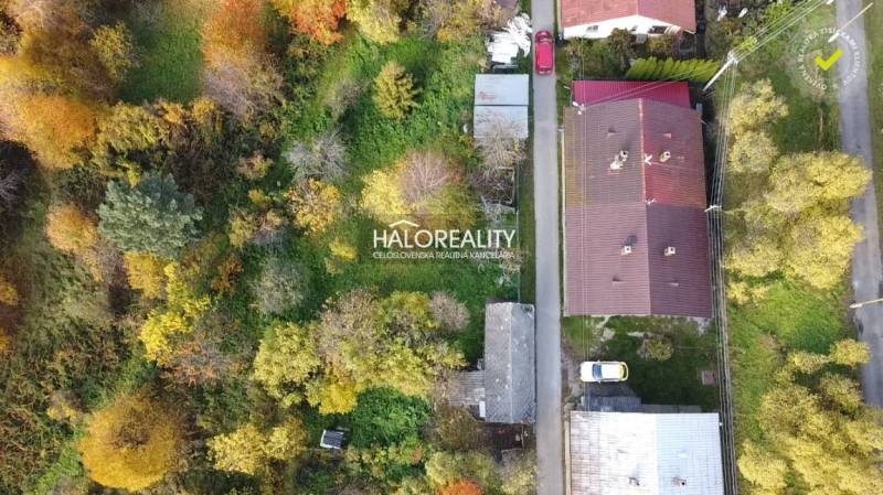 A family house in Sirk surrounded by greenery and colorful trees, aerial view.