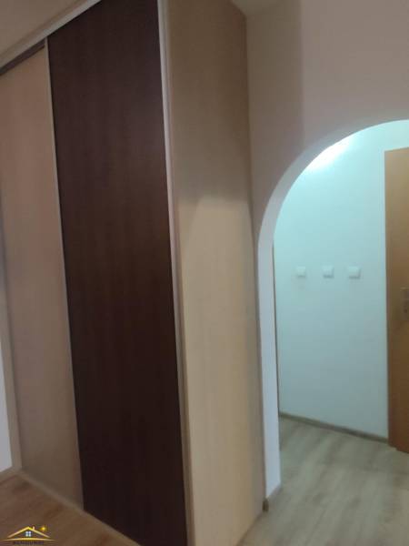 Built-in wardrobe and wooden decor flooring in a 3-room apartment.