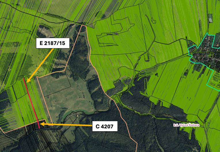 Aerial view of agricultural and forest lands of the village Štrba with marked parcels.