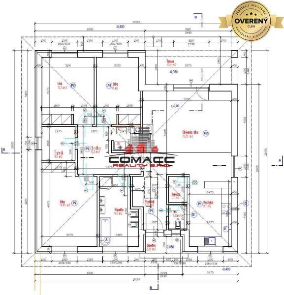 Floor plan of a family house on Nové Mesto nad Váhom street, with a terrace and rooms.