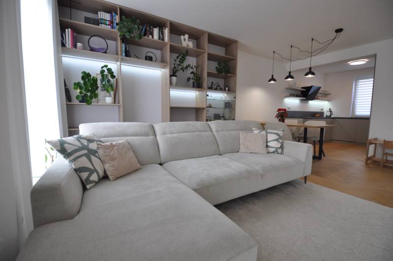 Living room with a large sofa, bookshelf, and kitchenette in a family house.