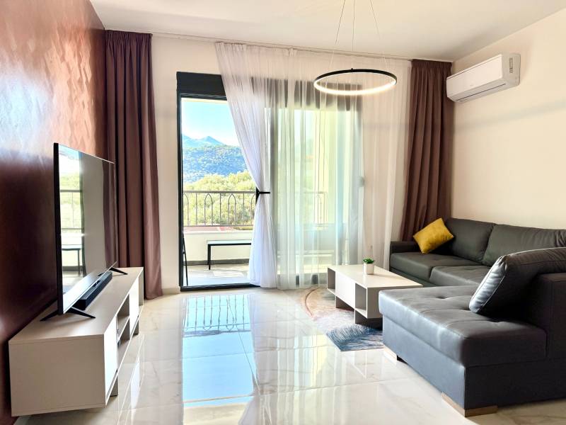 Living room in a studio apartment with a leather sofa, TV, and a view of the mountains.