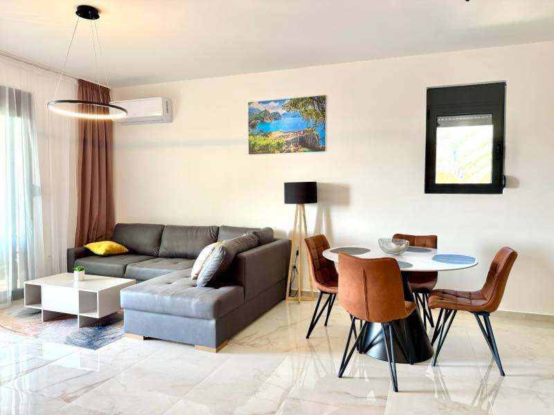 Living room in a studio apartment with wood-patterned flooring, a sofa set, and a dining table.