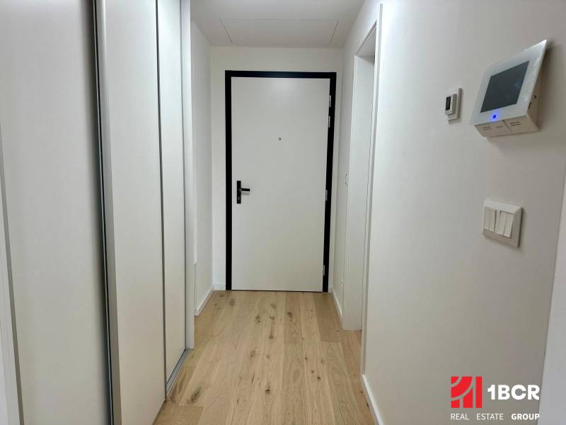 A hallway in a one-room apartment with a wooden decor floor and a built-in wardrobe.