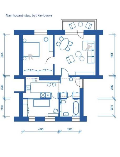 The floor plan of a 3-room apartment shows the arrangement of rooms, kitchen, and bathroom.