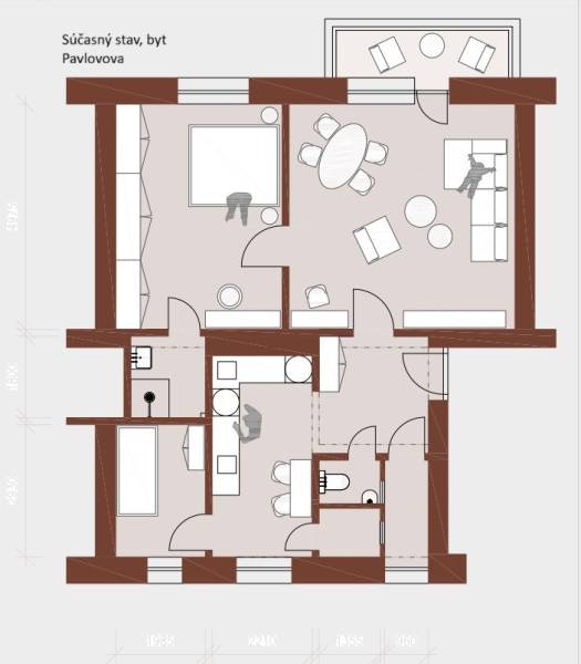 Floor plan of Pavlovova, 3-room apartment with kitchen, bathroom, living room, and bedrooms.