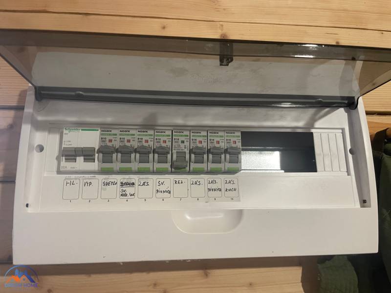 Electrical distribution cabinet in a cabin with a wooden decor floor.