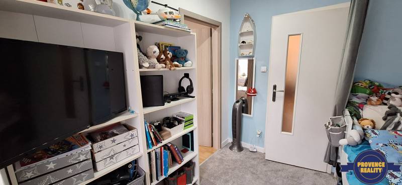 Children's room in a 3-room apartment with shelves, books, toys, and a television.