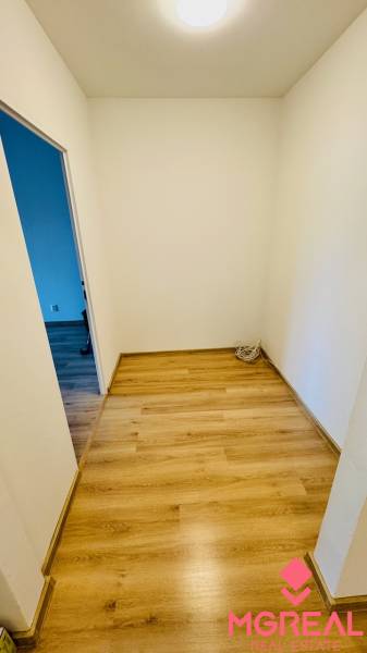 A hallway with walls in white shades and a floor with a wooden decor in a studio apartment.