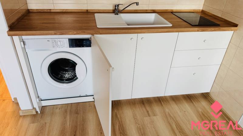 Kitchen unit with a sink and a washing machine in a studio apartment, floor with wood decor.