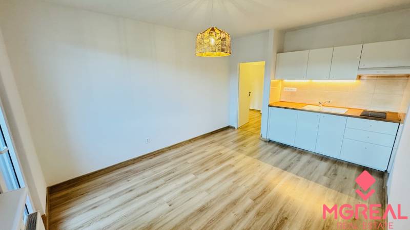 The kitchen in a studio apartment with white cabinets and a wood-patterned floor.
