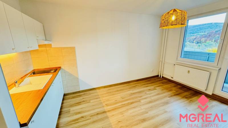 A kitchen in a studio apartment with a wood-patterned floor and a view from the window.