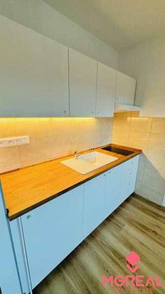A kitchen unit with a white cabinet and a wood-patterned floor in a studio apartment.