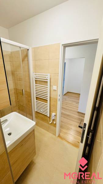 Bathroom in a studio apartment with tiles and fixtures, floor with wood decor.