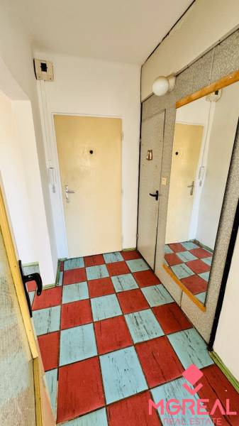 Entrance hall in a one-room apartment with a colorful floor and a mirror on the wall.