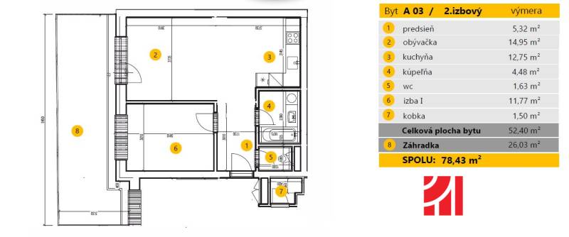 Floor plan of a 2-room apartment with a kitchen, bathroom, toilet, and garden. Total area 78.43 m².