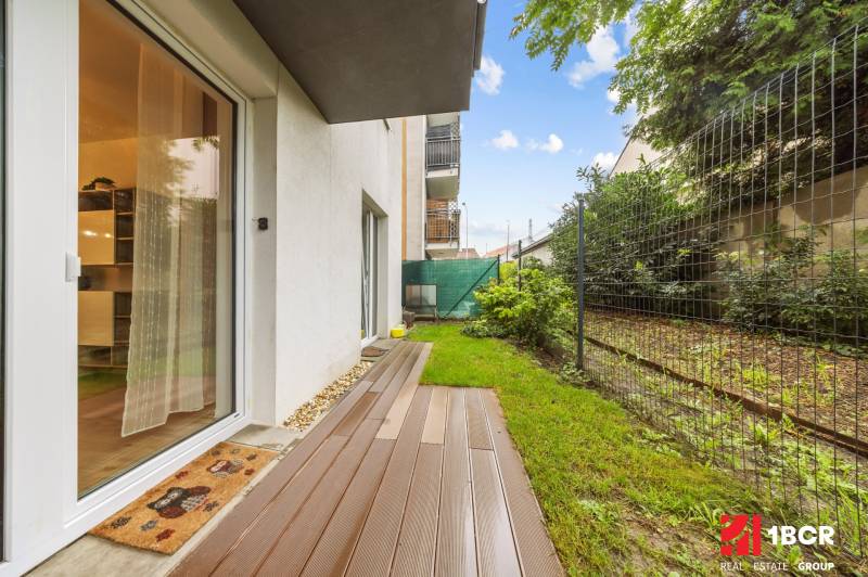 Exterior of a 2-room apartment on Mahulanka in Pezinok with a terrace and garden.