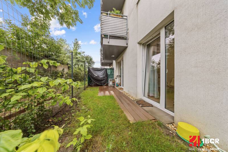 Exterior of a 2-room apartment on Mahulanka in Pezinok with a terrace and a garden.