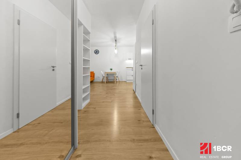 A clear hallway in a 2-room apartment with a wood-patterned floor and a built-in wardrobe.