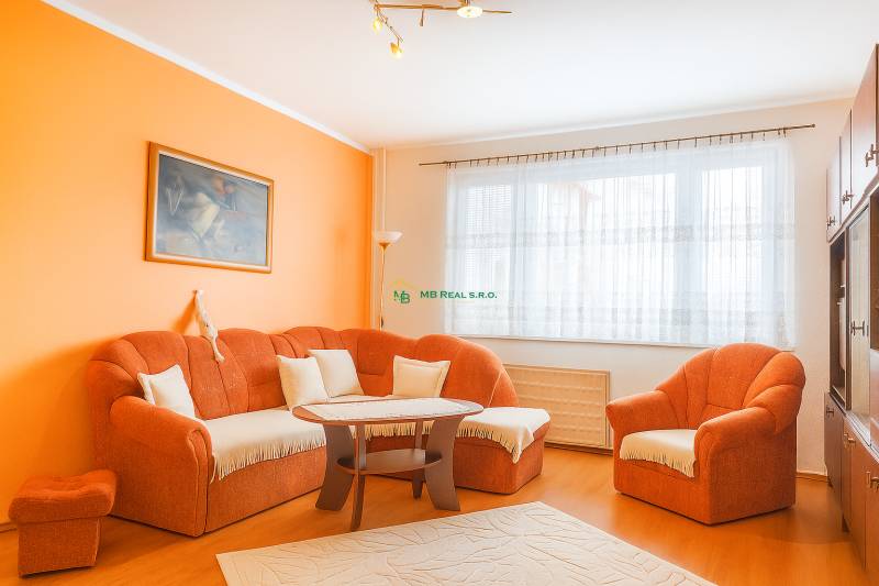 Living room with an orange sofa, wooden decor flooring, 2-room apartment.