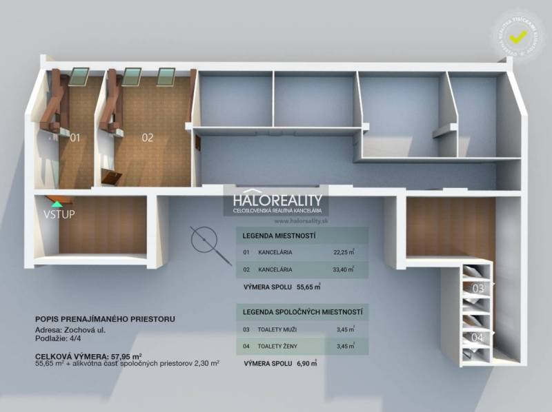 Floor plan of offices with wood-patterned flooring, including shared restrooms.