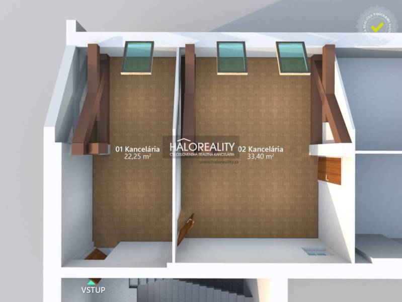 Floor plan of offices with wood decor flooring, dimensions 22.25 m² and 33.40 m².
