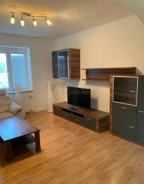 Living room in a two-room apartment with a wooden decor floor and a comfortable sofa.
