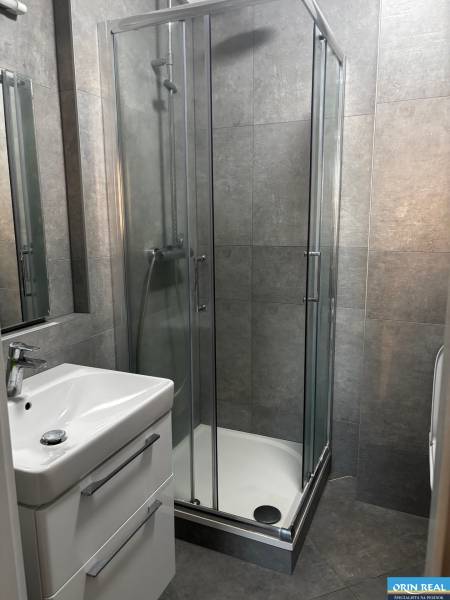 Bathroom with a shower and a sink in a 2-room apartment with gray tiles.