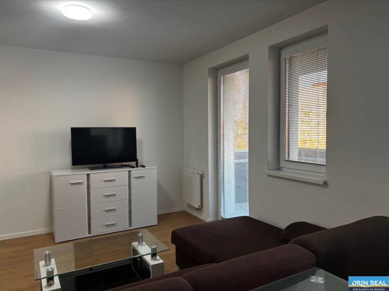 Living room in a two-room apartment with a sofa, television, and wooden decor flooring.