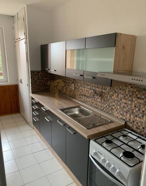 A kitchen in a 2-room apartment with mosaic tiles and a gas stove.