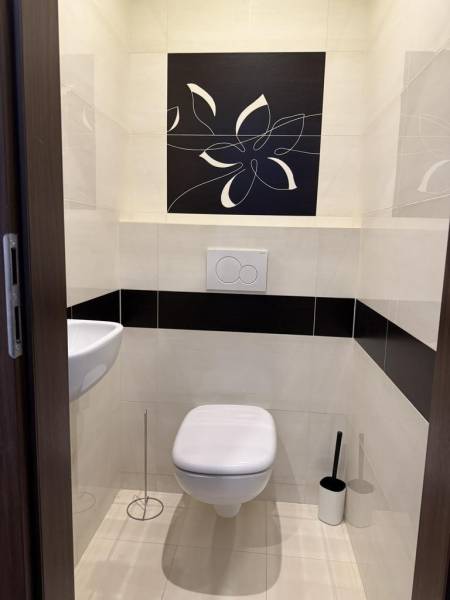 A bathroom with a wall-mounted toilet and sink in a 4-room apartment, decorated with a floral motif.