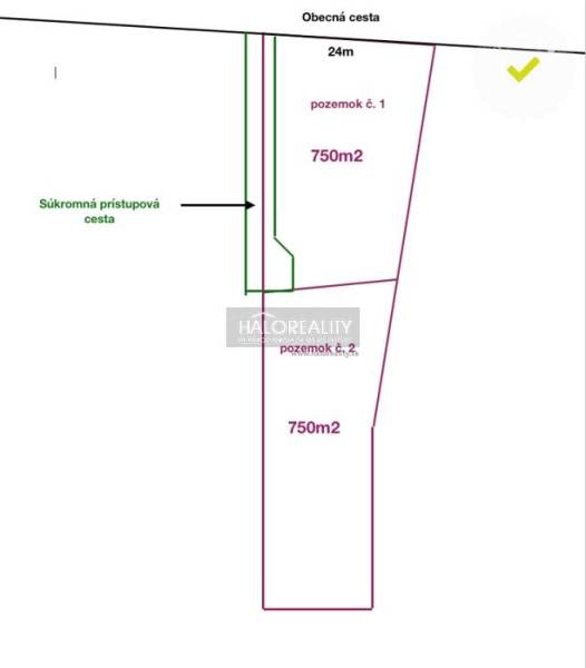 Land plan for residential plots in Dulova Ves, with an access road and an area of 750 m².