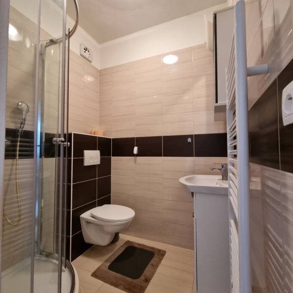 A bathroom in a studio apartment with a corner shower and tiles in neutral shades.