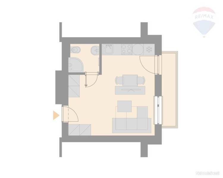 Studio apartment floor plan with bathroom and kitchenette.