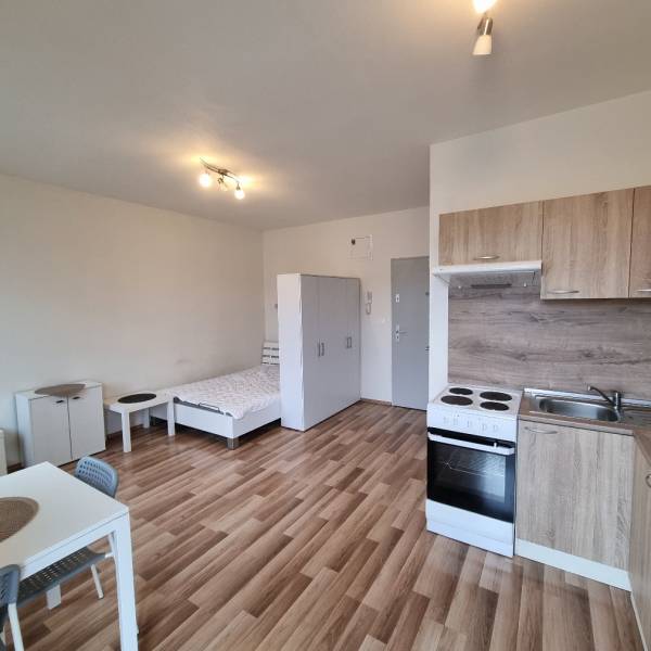 Studio apartment with a kitchenette, an armchair, and a wooden decor floor.